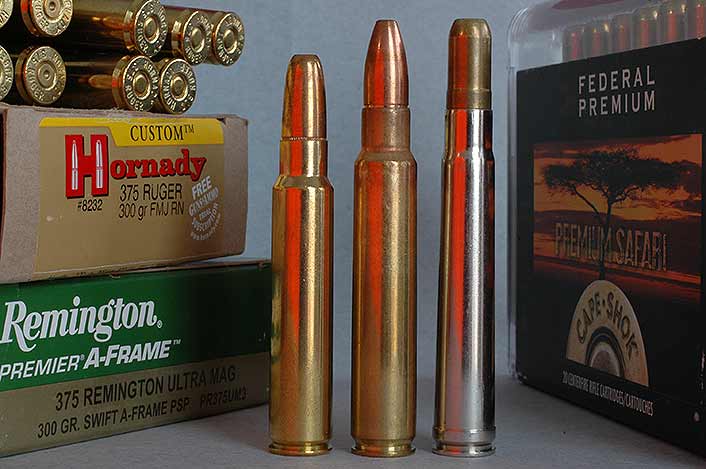 From left: .375 Ruger for standard actions, .375 RUM on .404 brass and .375 H&H – still a favorite!