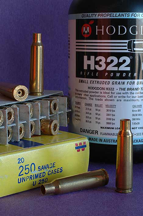 Relatively recent, H322 suits small- and mid-bore cases of modest size. Its small grains meter easily.