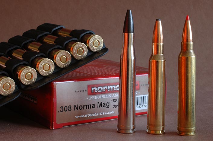 From left: .300 H&H, shorter, ballistically stronger .308 Norma and .300 Winchester on H&H case.