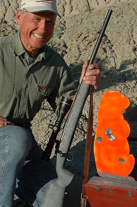 Prone, with a GreyBull rifle, Wayne hit with all five .22-250 bullets at 500 yards. Wind: soft but shifty!