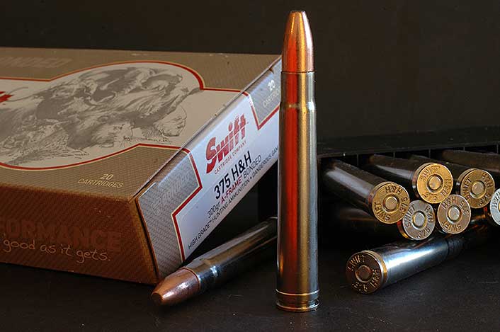 Swift lists several lines of loaded ammo – some, like the .375 H&H, with both A-Frames and solids.