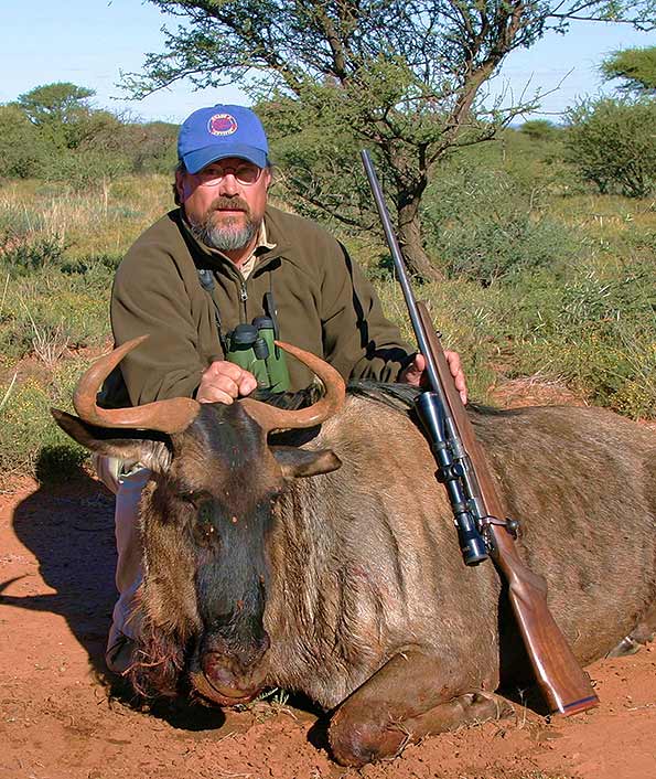 John deliberately shot this blue wildebeest in the shoulder joint, to field-test a protoype of the Nosler E-Tip.
