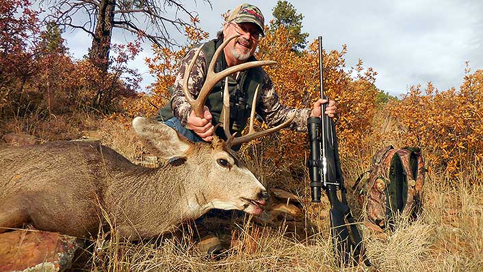 Burris Eliminator scopes have an internal laser rangefinder, which lights up one of 96 dots for shooting at longer ranges. However, this New Mexico mule deer was only 101 yards away--but the scope also features a conventional multi-point reticle, so worked fine.